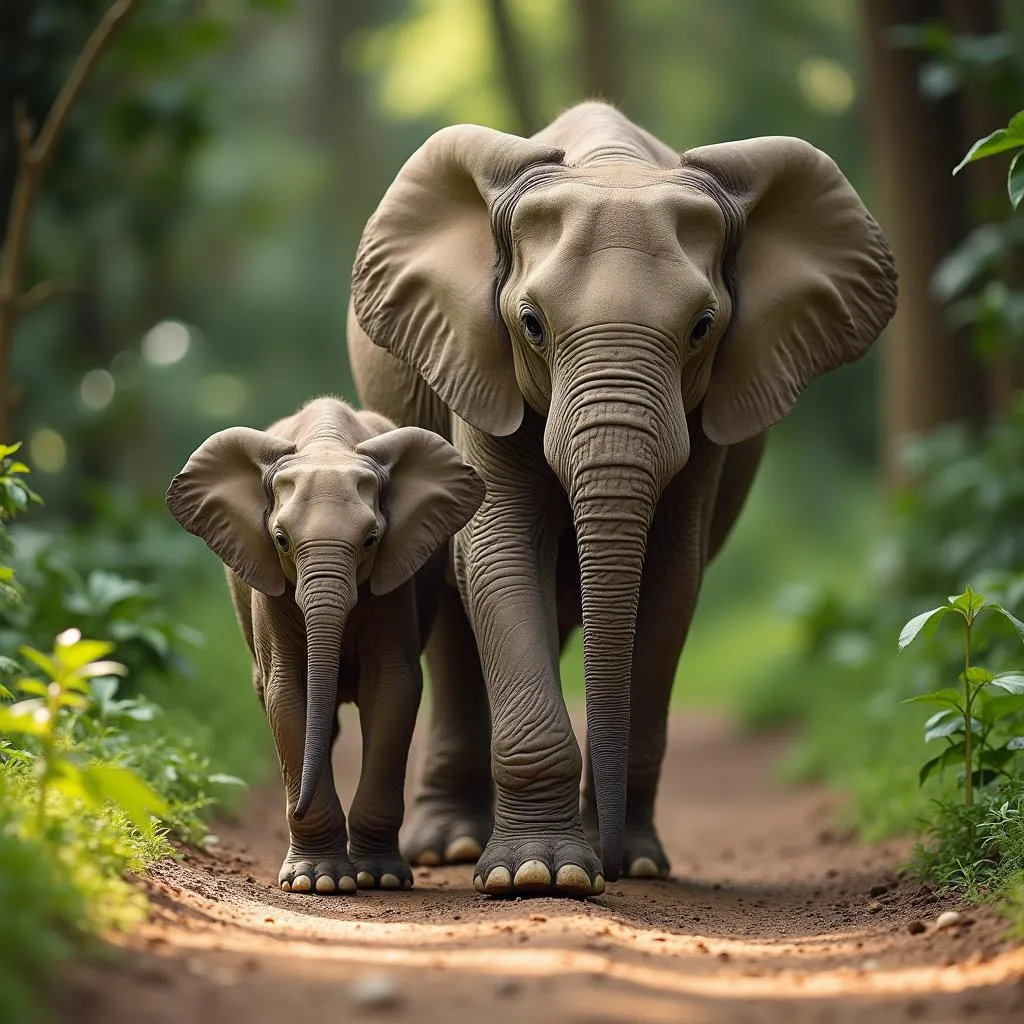 African Forest Elephant Calf with its Mother