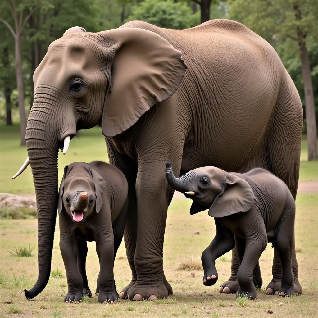 African Forest Elephant Calf with Its Mother