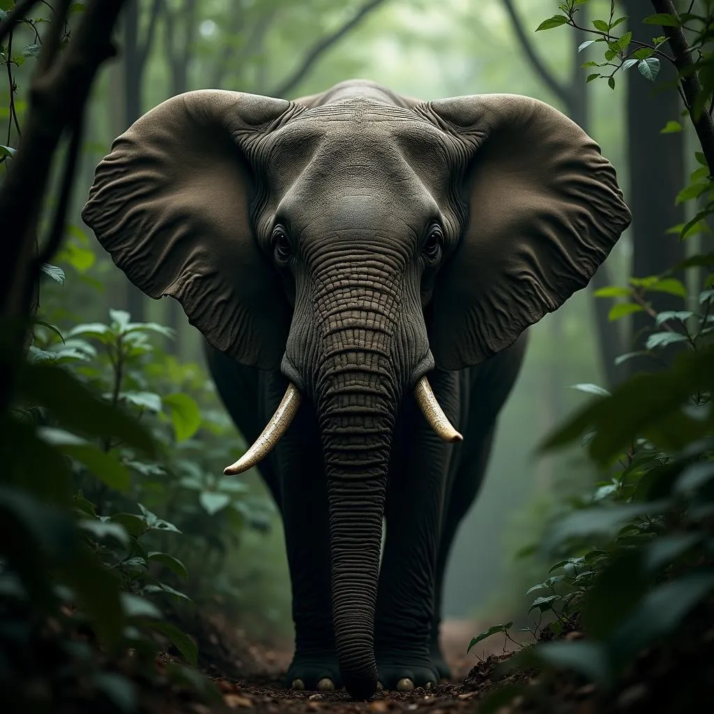 An African forest elephant camouflaged in the rainforest