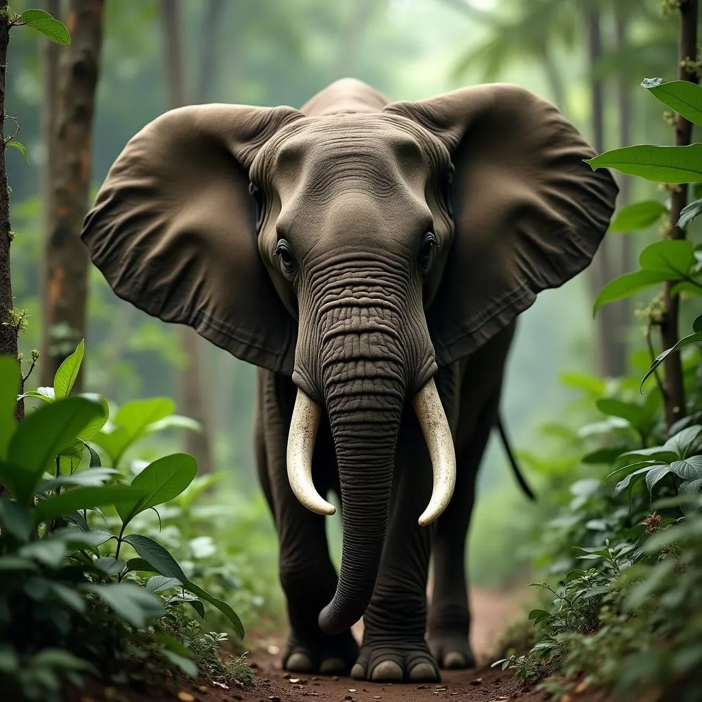 African forest elephant in the dense rainforest