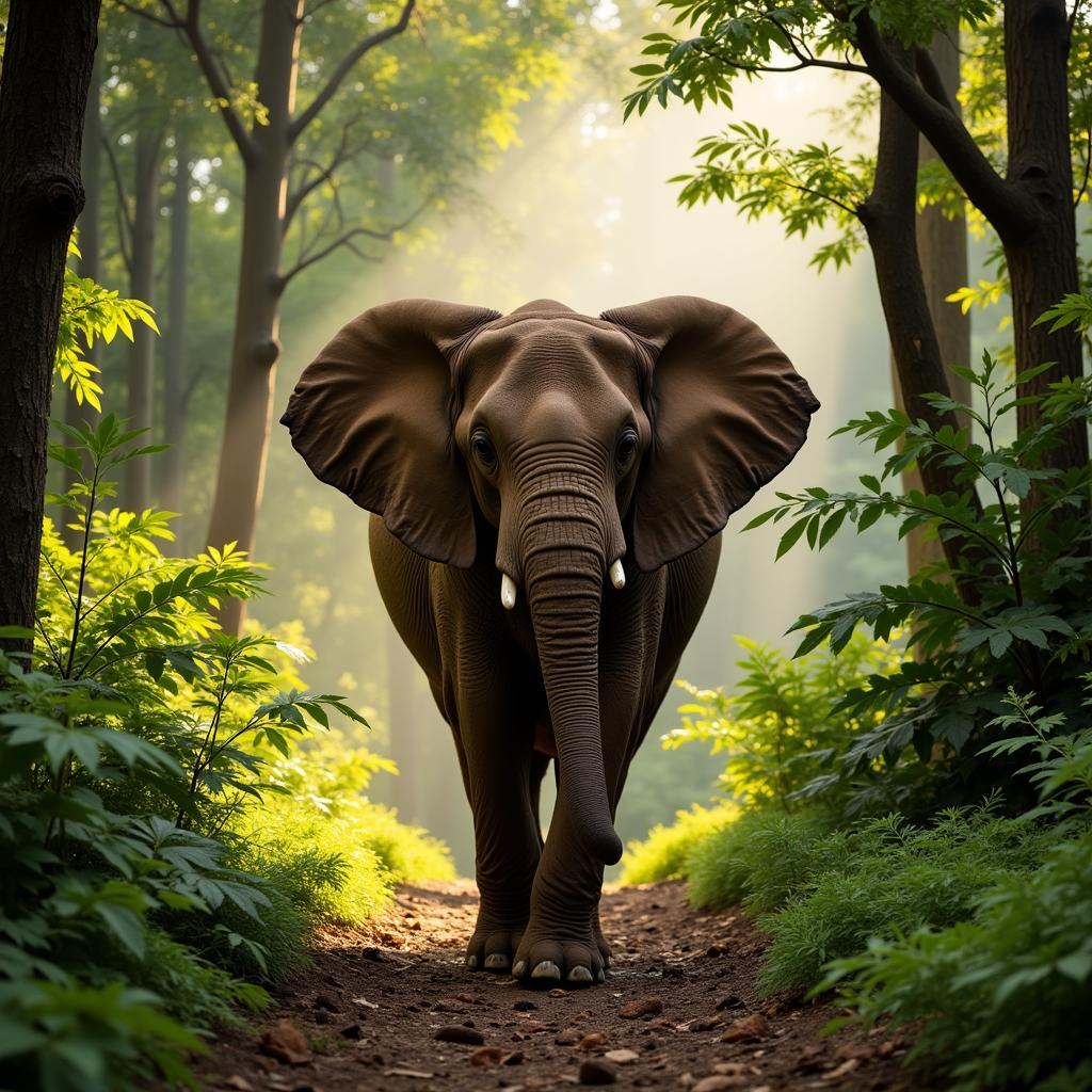 African forest elephant navigating the dense rainforest in DRC