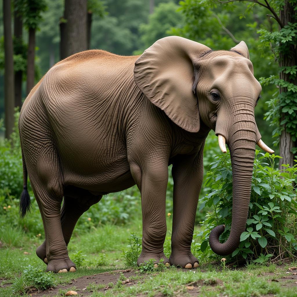 African Forest Elephant Eating Vegetation