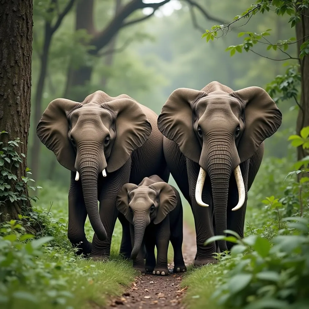 African forest elephant family amidst lush foliage