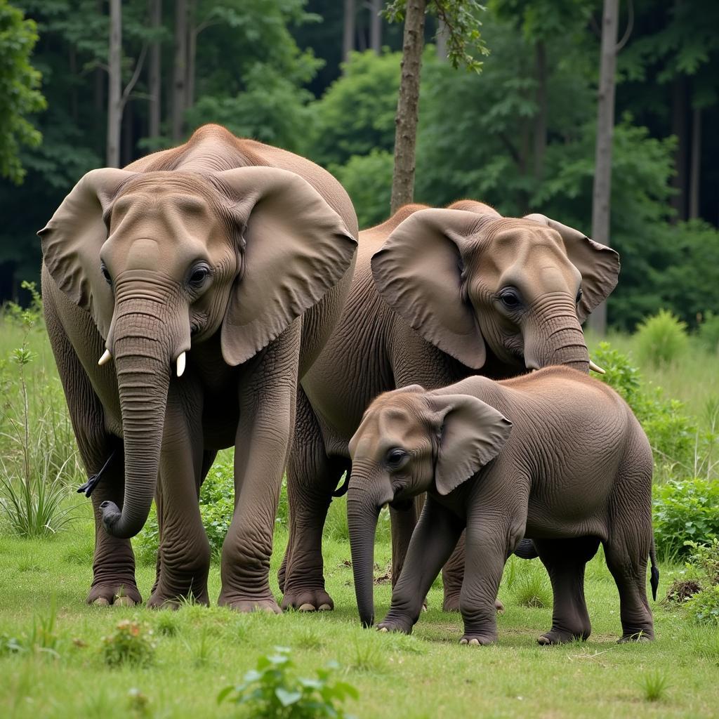 African forest elephant family group in the DRC rainforest