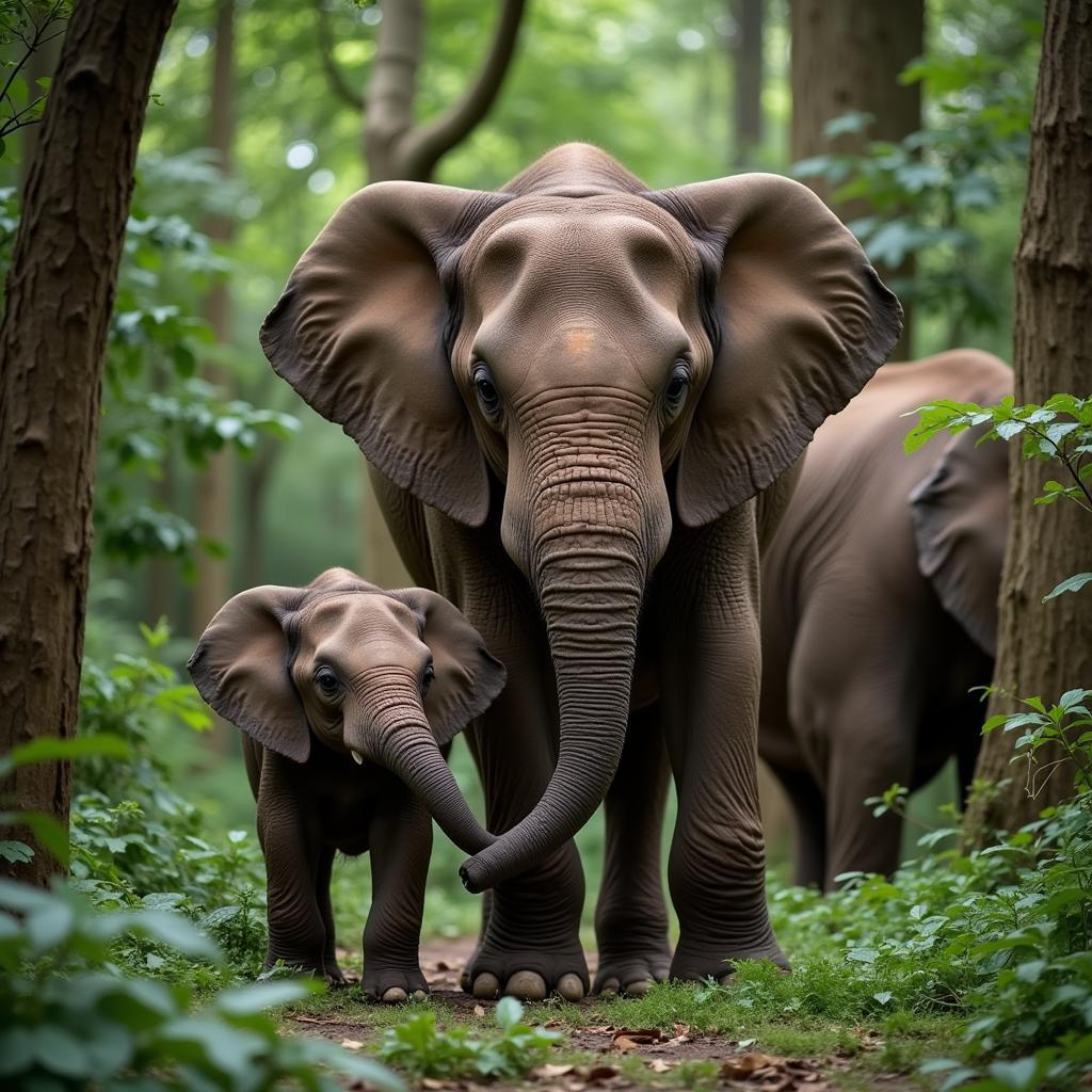 African Forest Elephant Family in the Rainforest