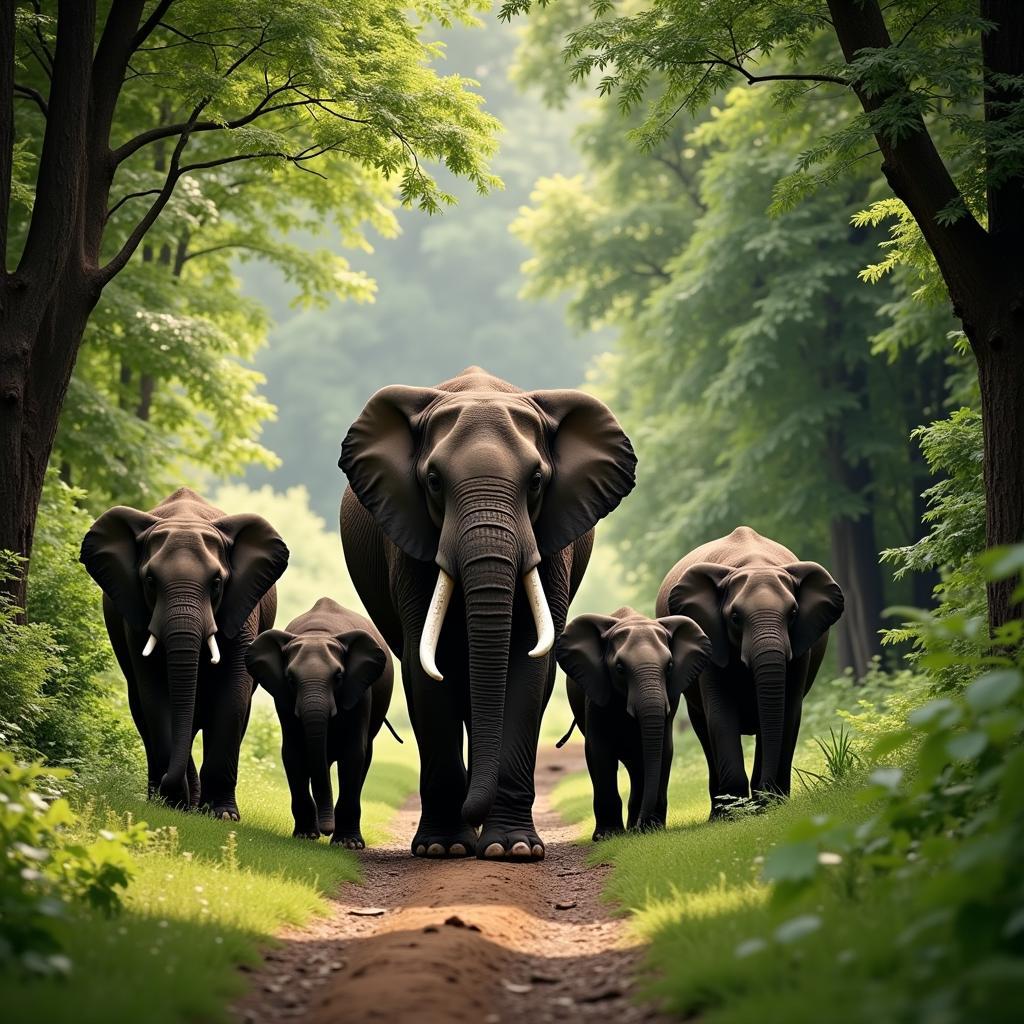 African Forest Elephant Family in Rainforest