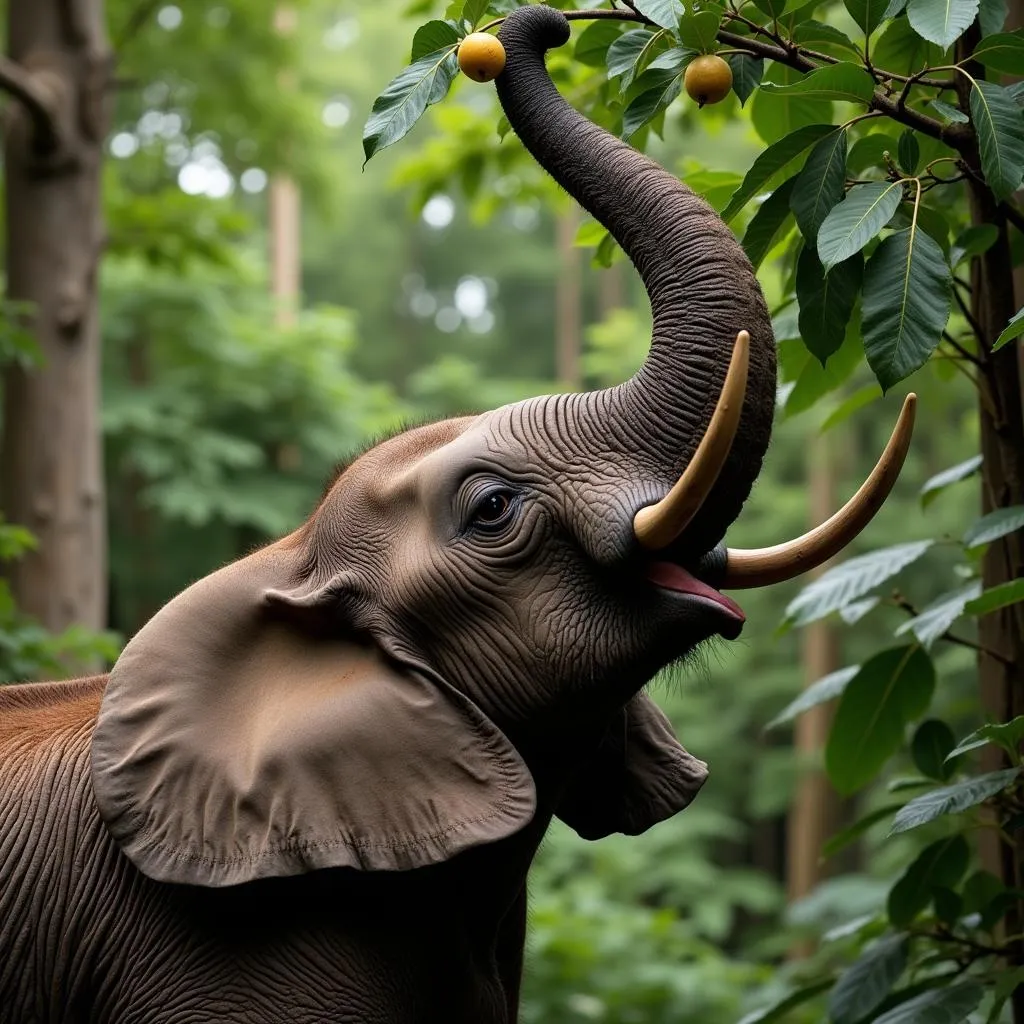 African forest elephant feeding on a fruit tree