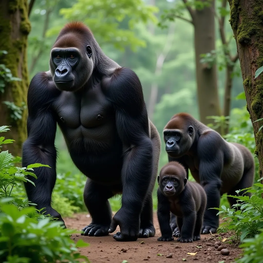 A Silverback Gorilla Leads His Family