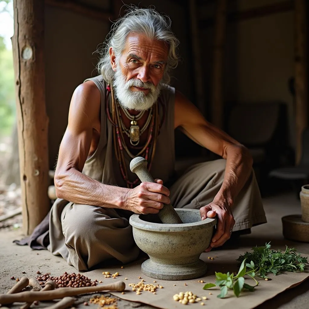 An elder African man, surrounded by natural ingredients, crushing herbs to create traditional medicine.