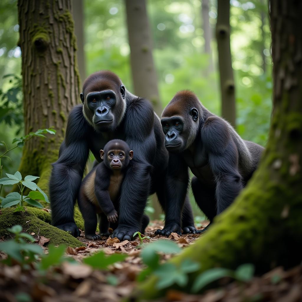 Endangered Gorilla Family in African Forest