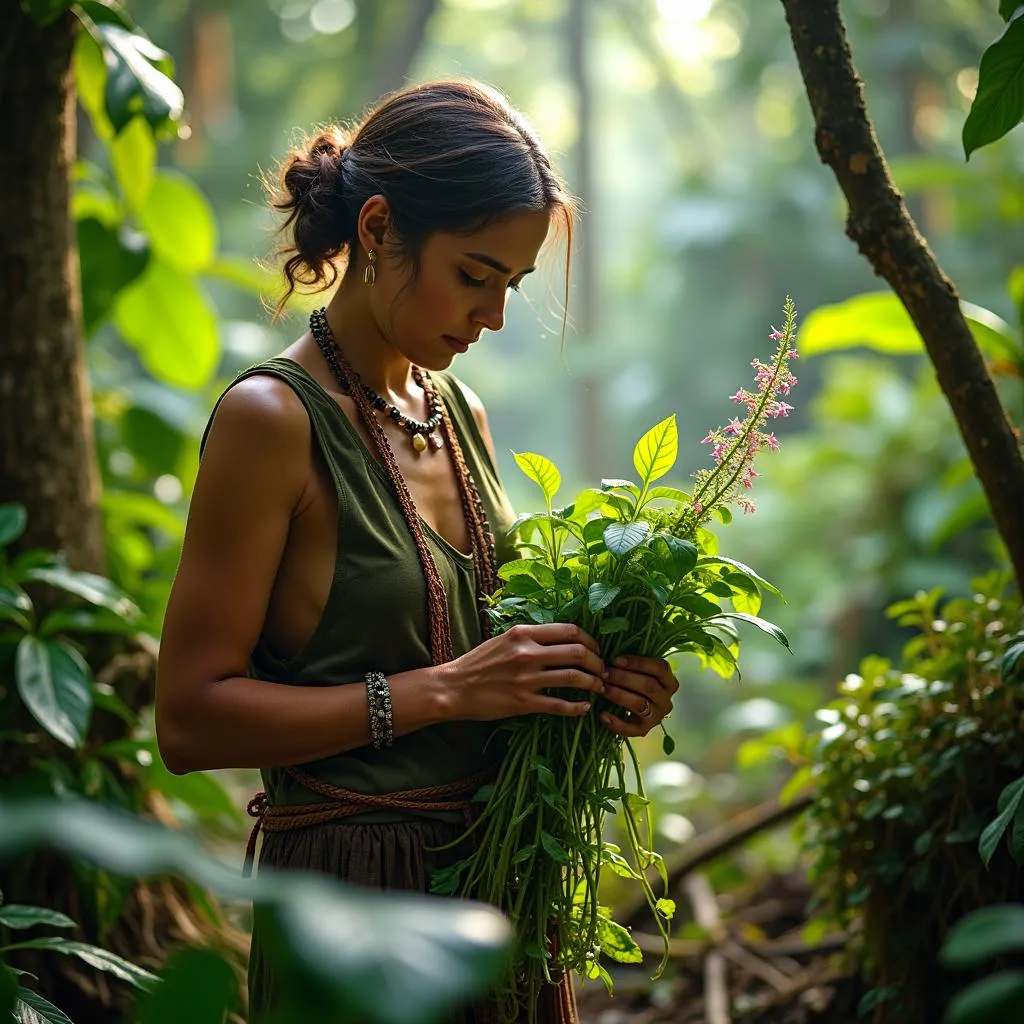 African woman in traditional clothing harvesting medicinal plants in a lush forest.