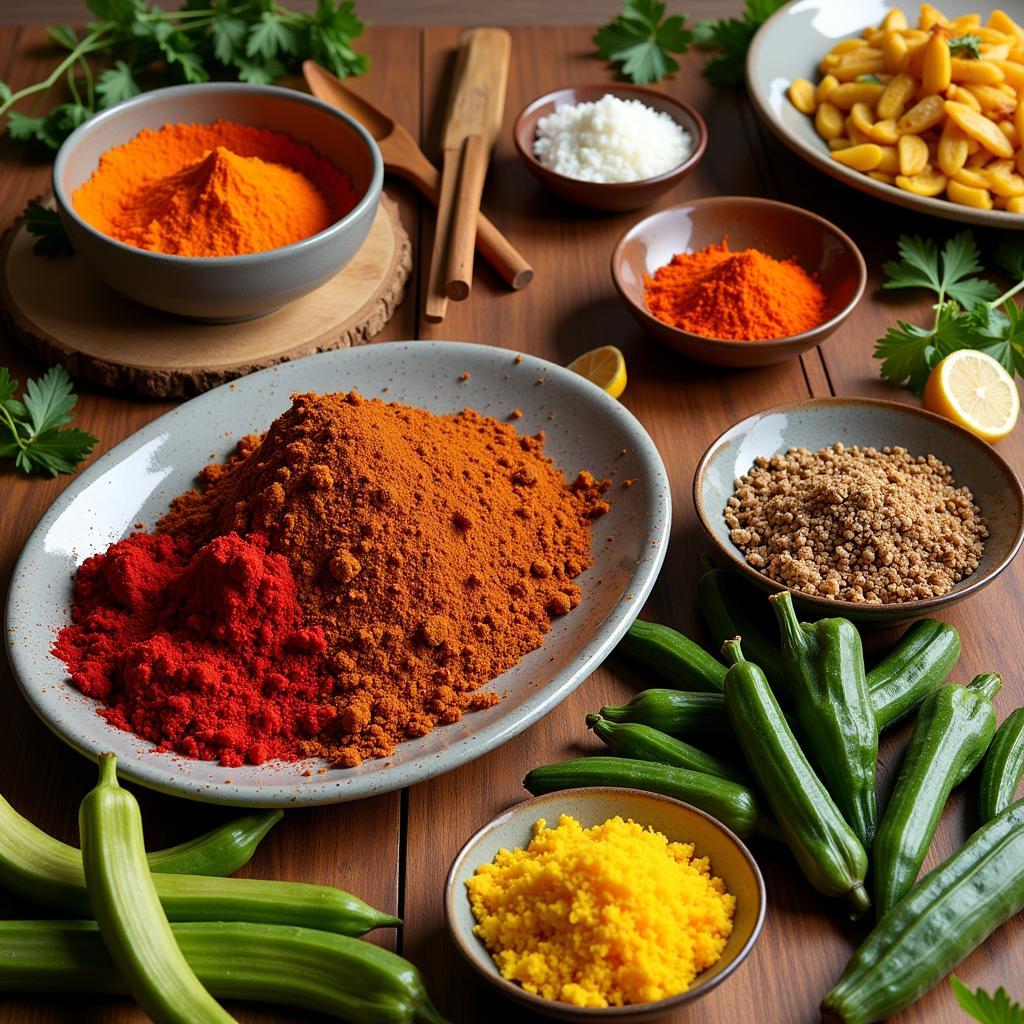 A colorful array of spices and ingredients commonly found in African French Cuisine