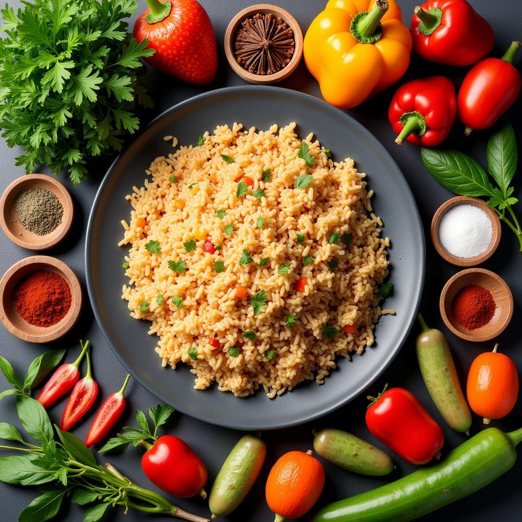 A colorful spread of African fried rice ingredients