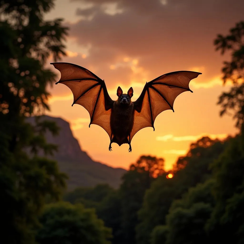 African fruit bat soaring with its impressive wingspan on display