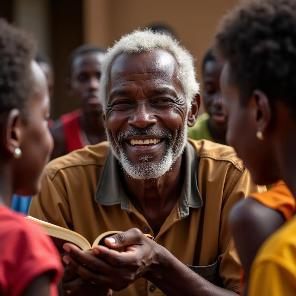 An African funny old man, with a twinkle in his eye, sharing stories and laughter with a group of children.