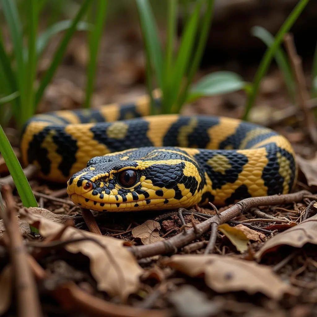 African Gaboon Viper camouflaged in leaf litter