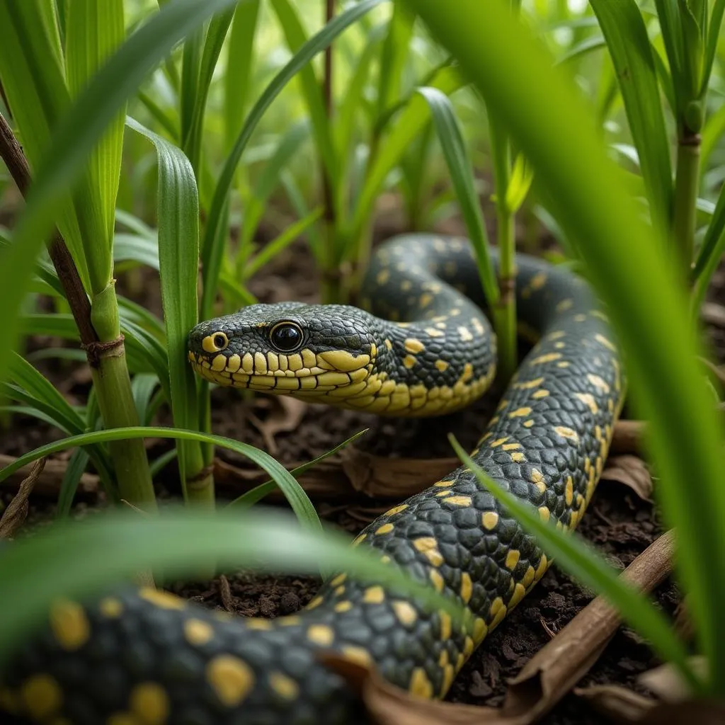 African Gaboon Viper partially hidden in grass