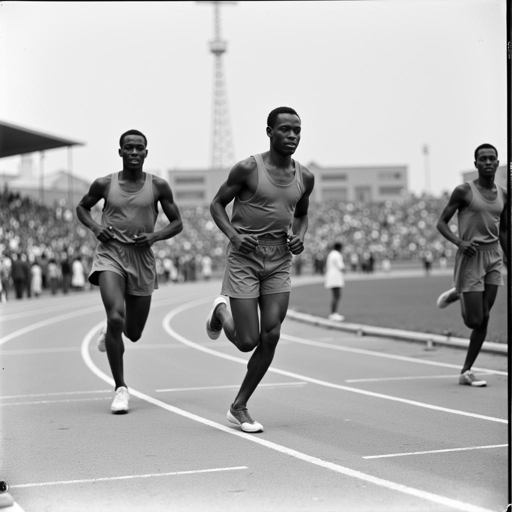 Black and white photo of athletes competing in the early years of the African Games