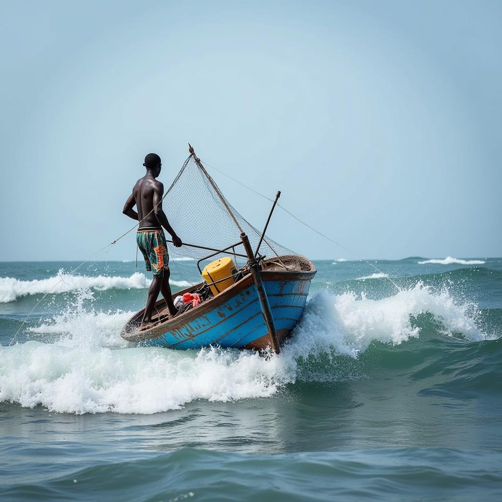 Fisherman Using an African Gannet Vessel for Fishing