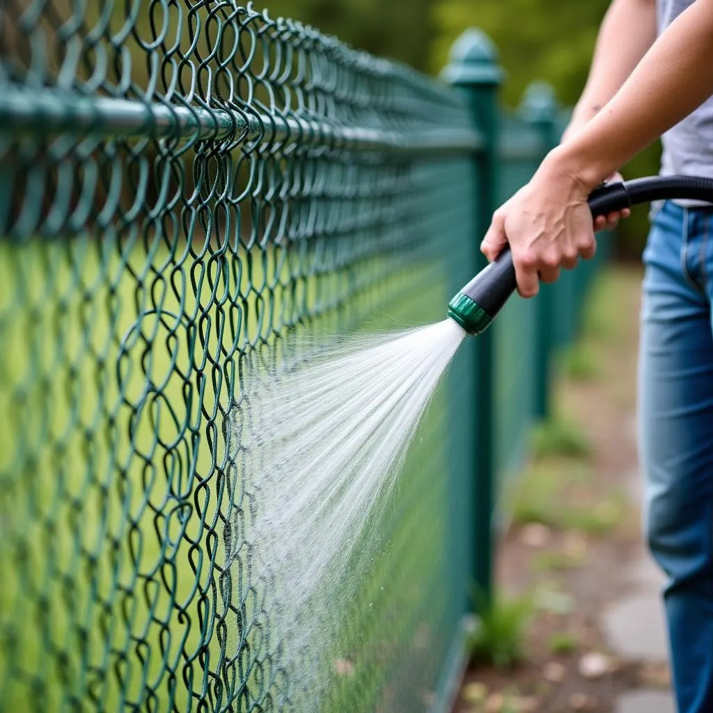  Cleaning a welded mesh fence with a garden hose