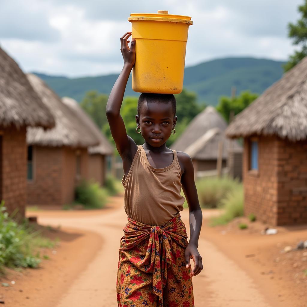 African Girl Carrying Water in a Rural Village