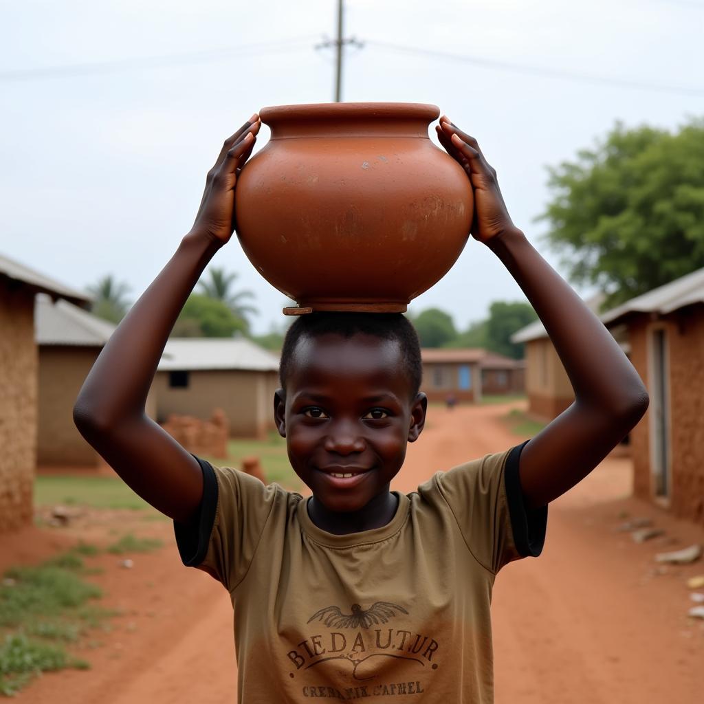 African girl carrying water in village