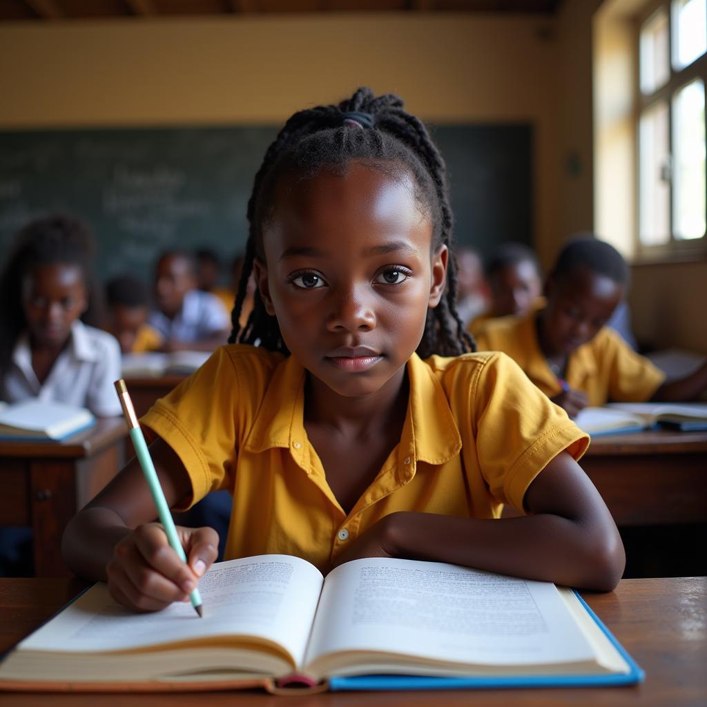 African girl child learning in a classroom