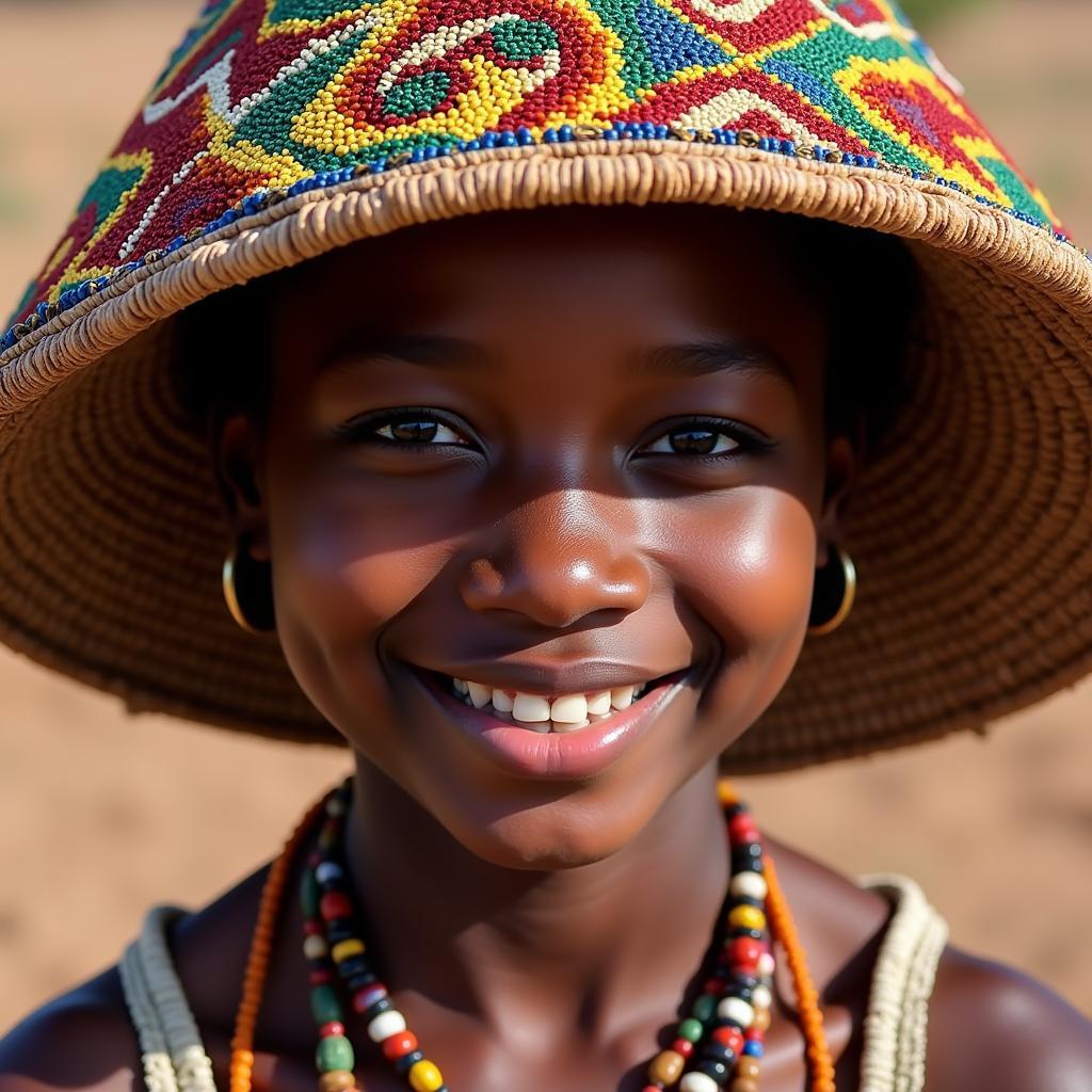 African Girl with Huge Hat Decorated with Intricate Beadwork