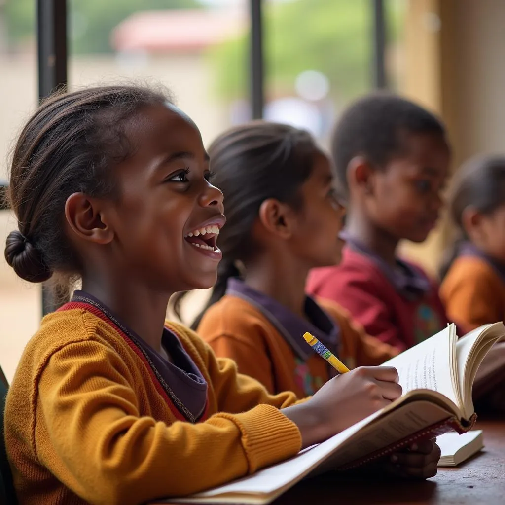 A young African girl in school uniform confidently holding her books