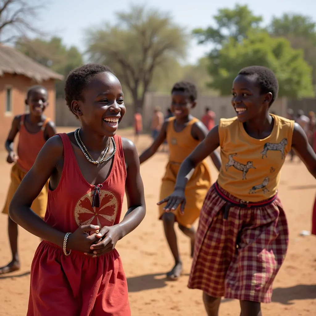 African Girl Kids Playing Traditional Games in a Village Setting