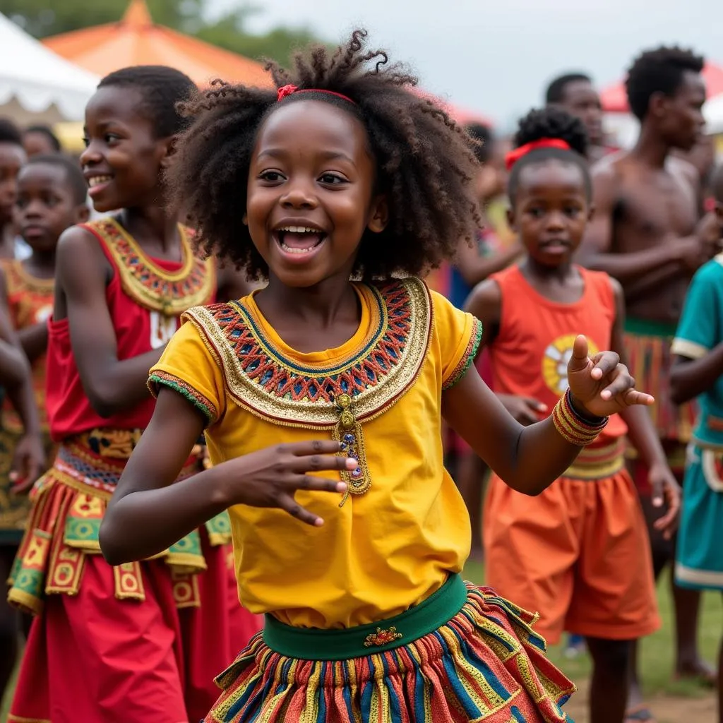 African Girl Kids Performing a Traditional Dance at a Festival