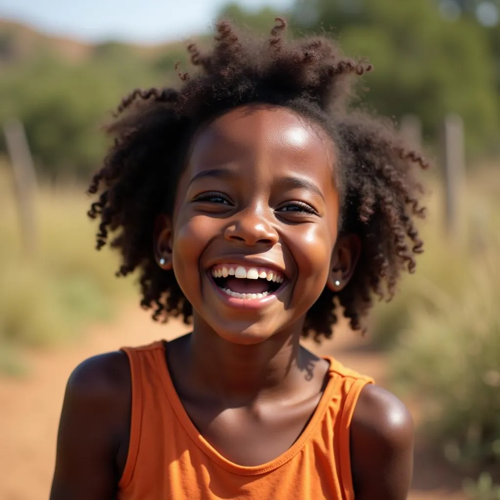 A young African girl laughs with pure joy, her smile infectious and heartwarming.