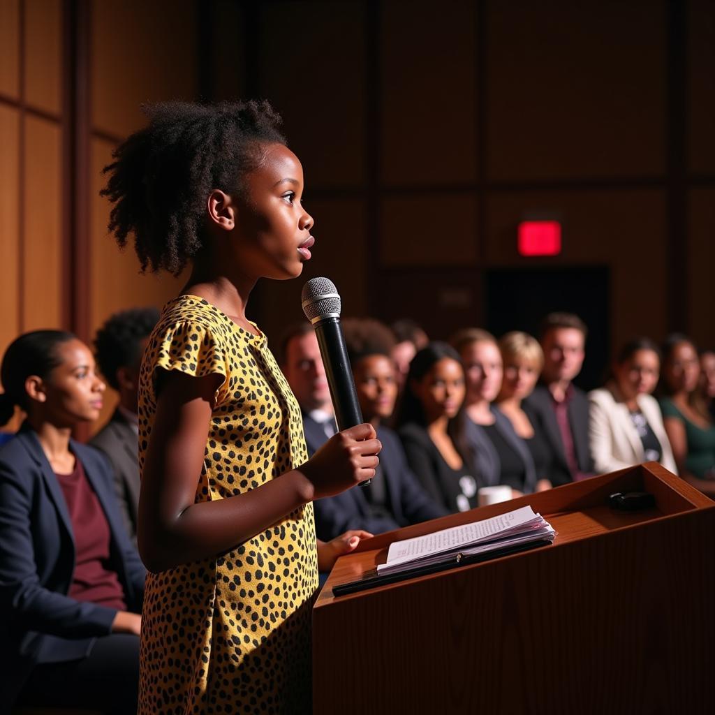 A confident young African girl speaking at a leadership conference