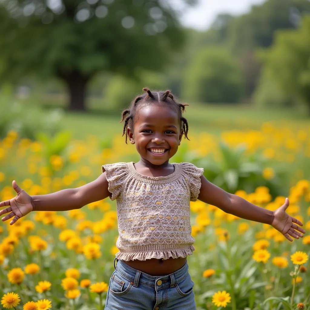 An African girl stands with her arms open wide, a genuine smile radiating warmth and joy.