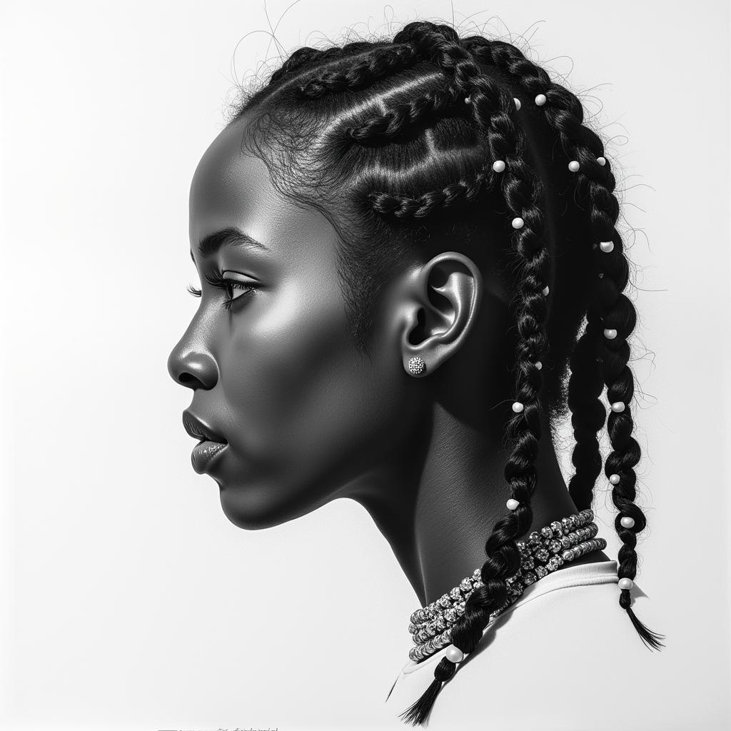 Charcoal sketch of an African girl with intricate braids