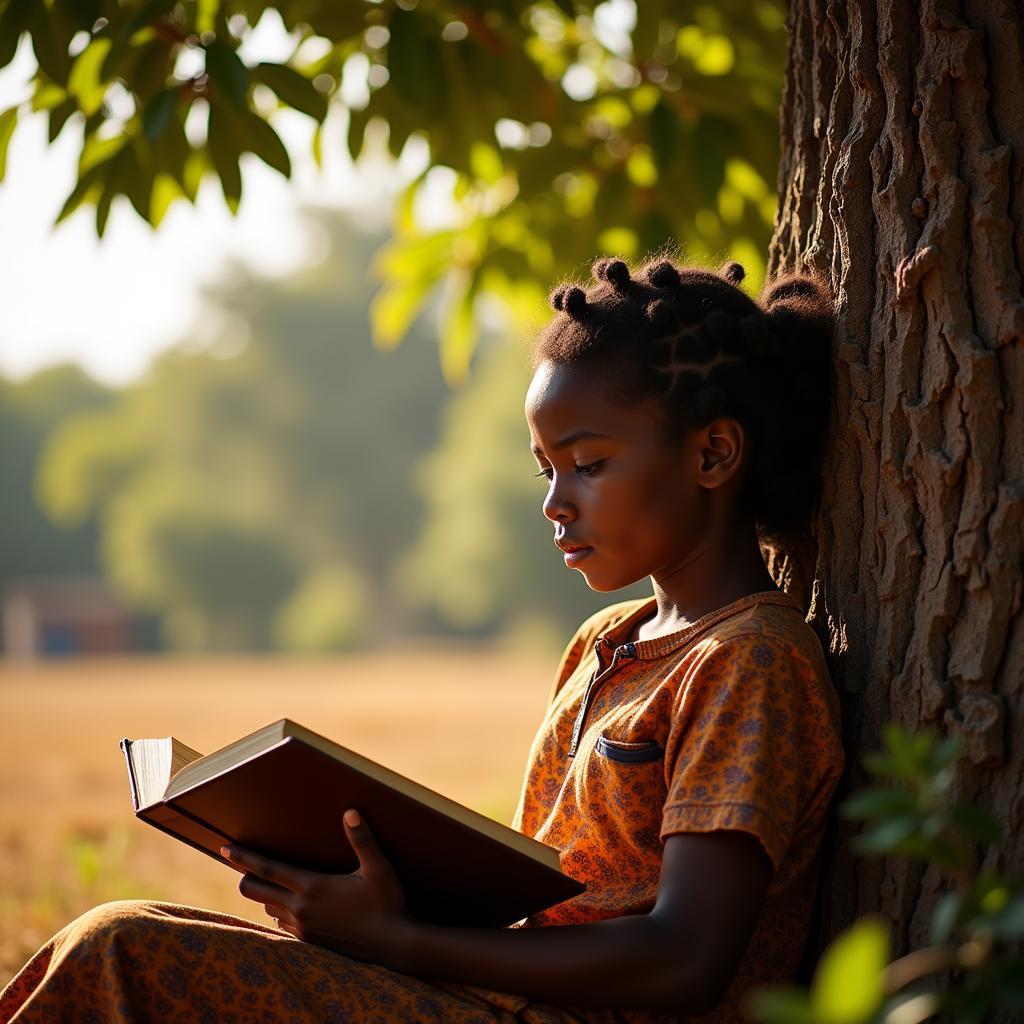 A young African girl deeply engrossed in a book, sitting under a tree