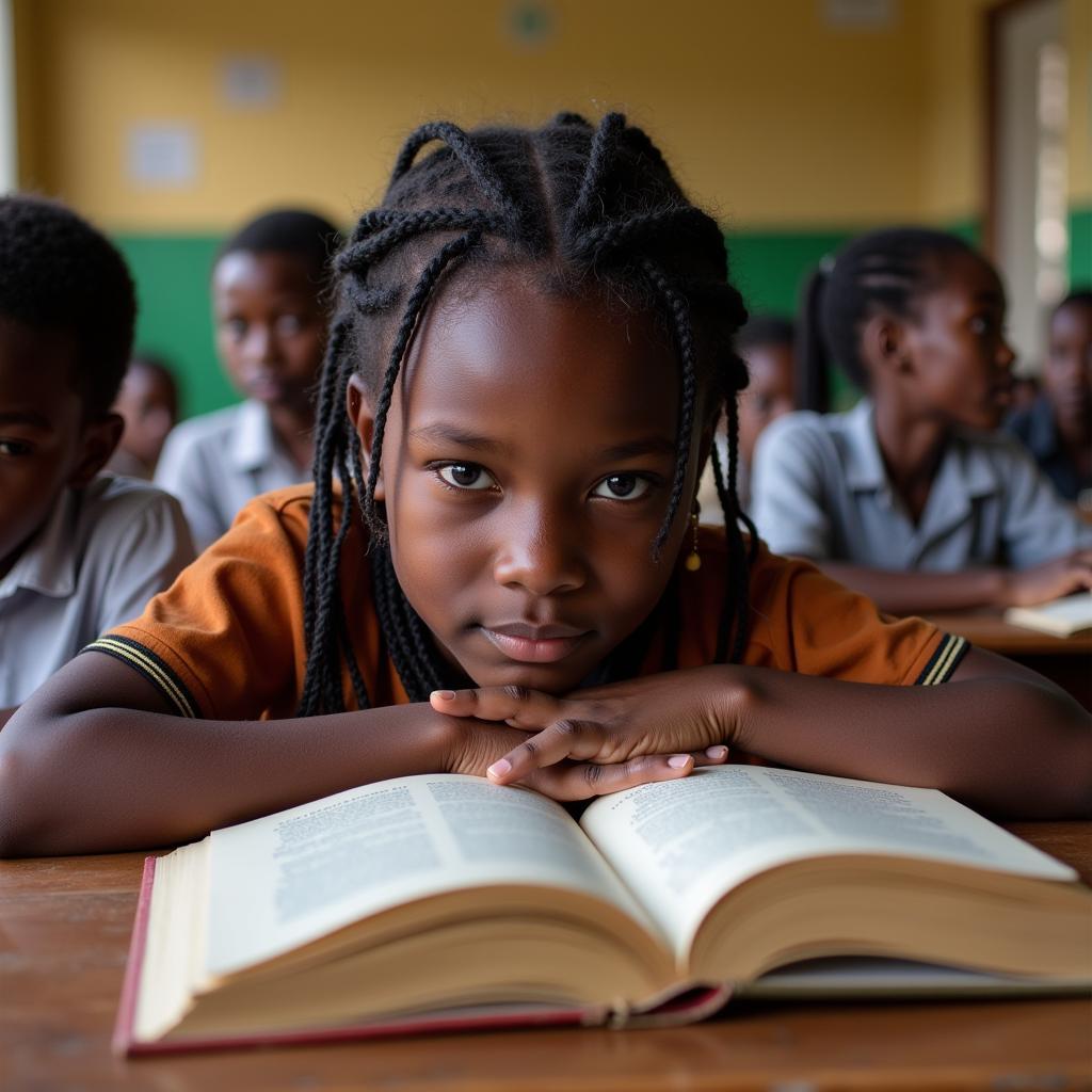 African girl reading a book in a classroom