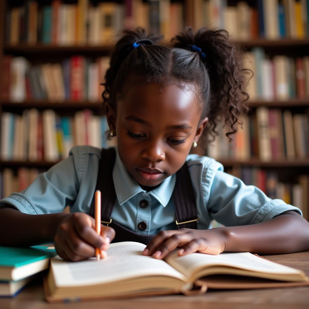 African Girl Reading Book in a Library