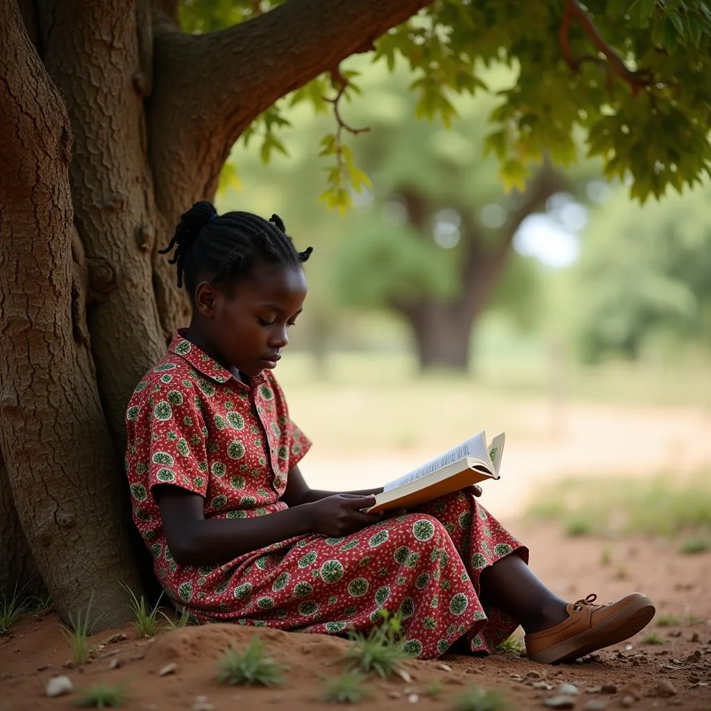 A young African girl sits under a tree deeply engrossed in a book.