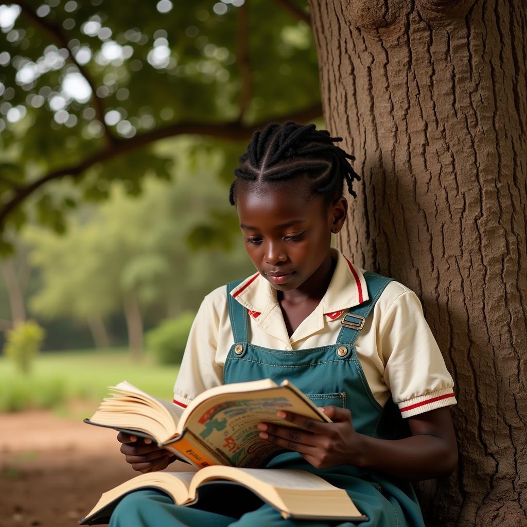 African Girl Reading Under Tree