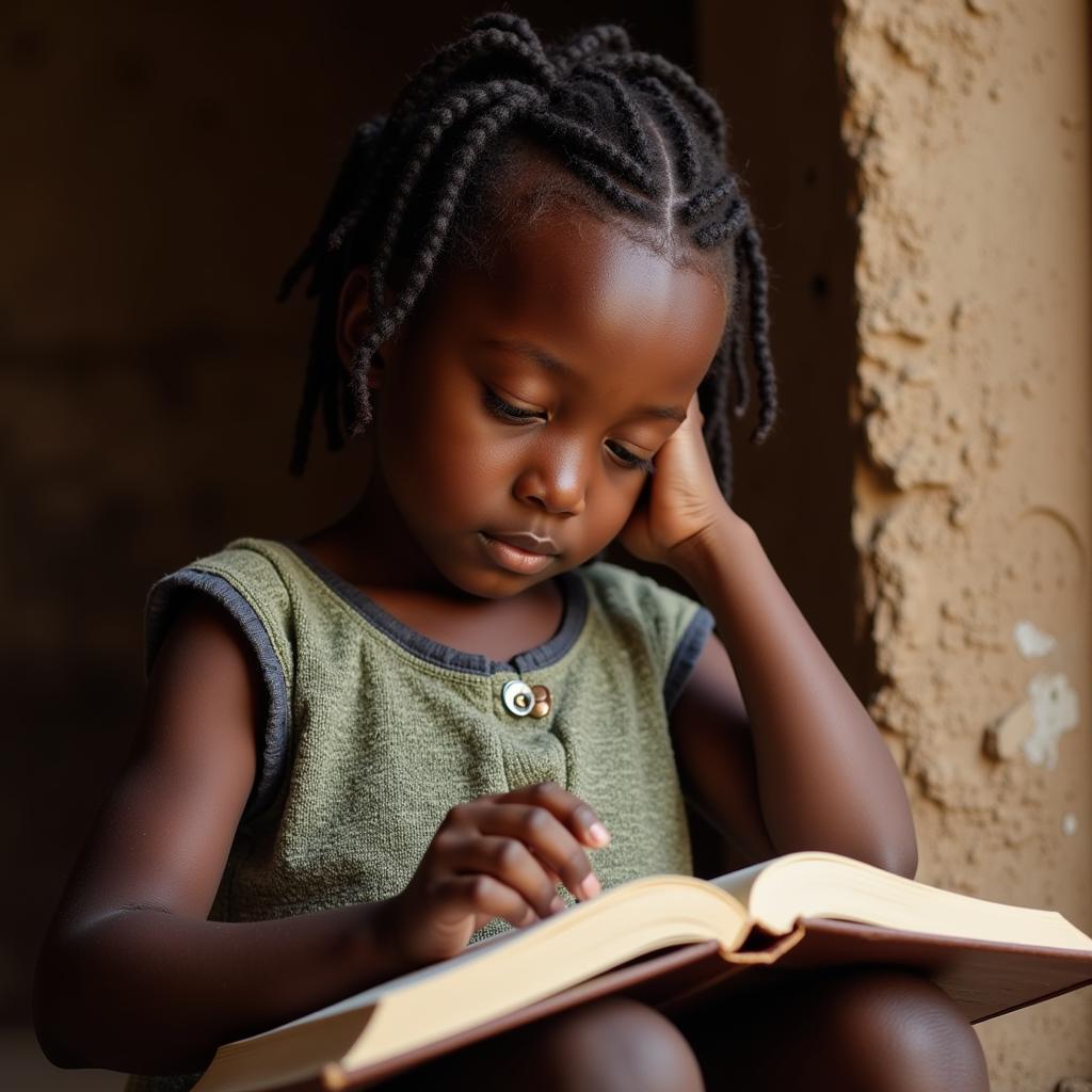 Young girl reading under a tree in Africa