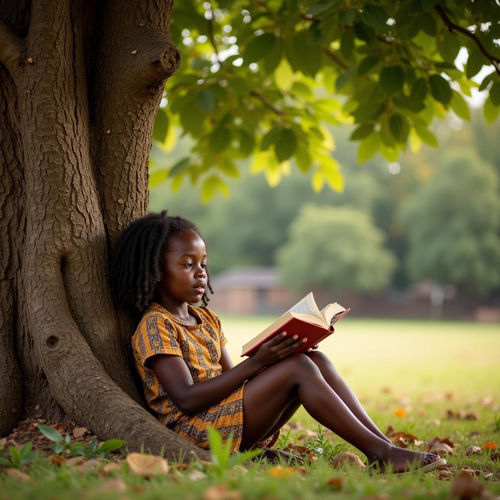 African Girl Reading Book Under Tree