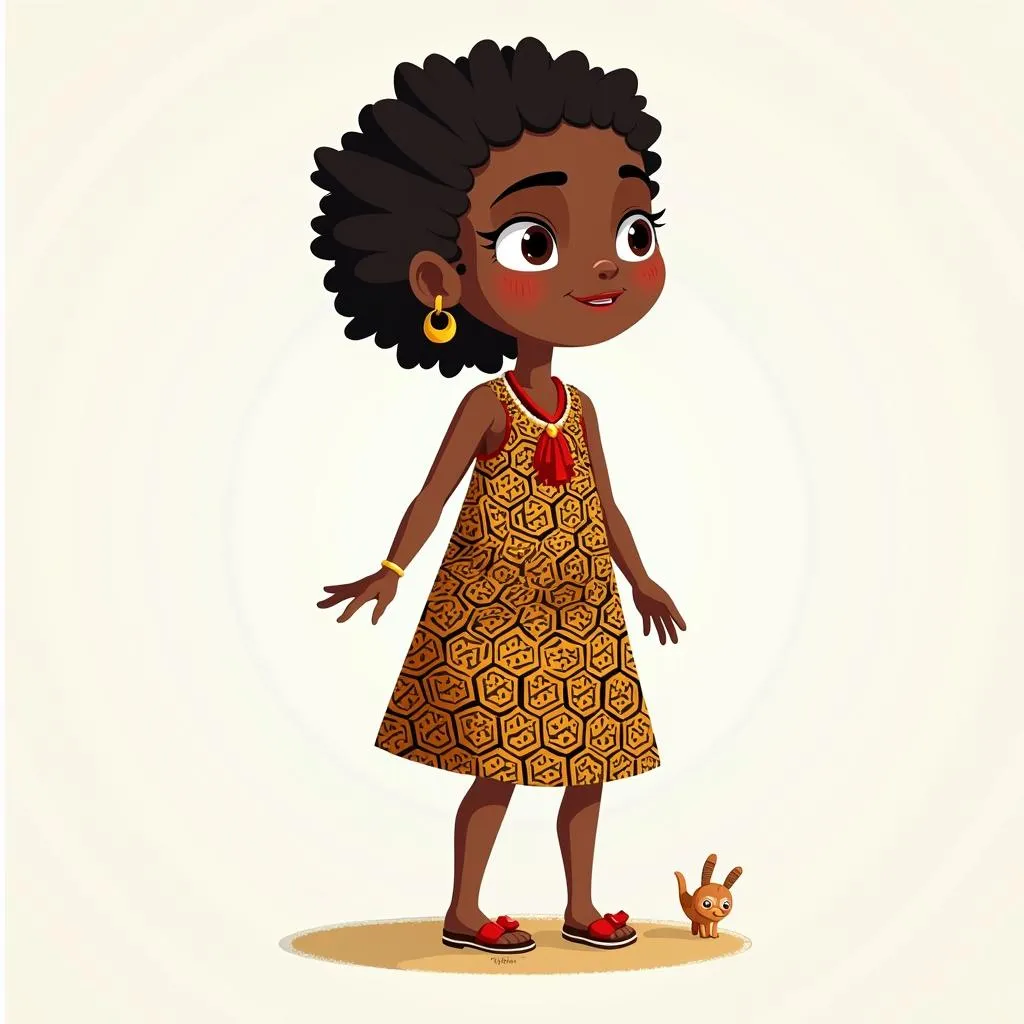 A cartoon of a young African girl sleeping soundly, wearing a dress with traditional African patterns and colors.