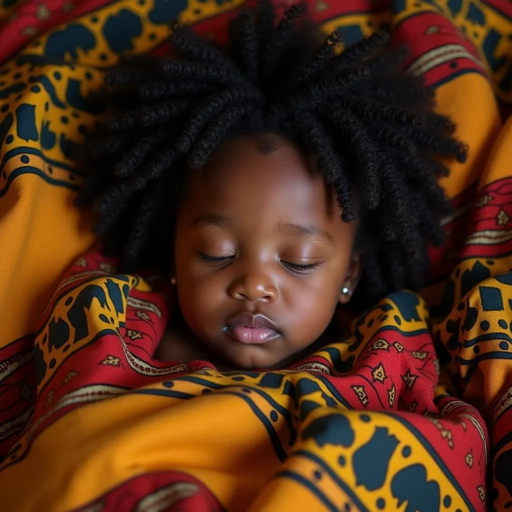 A cartoon drawing of a young African girl sleeping peacefully while wrapped in a vibrant and colorful blanket.