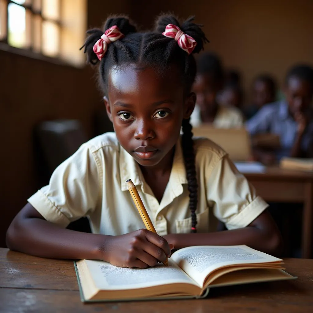 African Girl Student Studying in a Village School