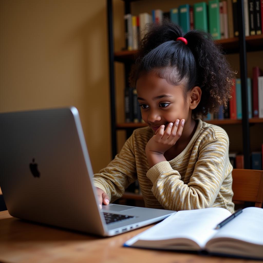 Focused African Girl Engaged in Online Learning