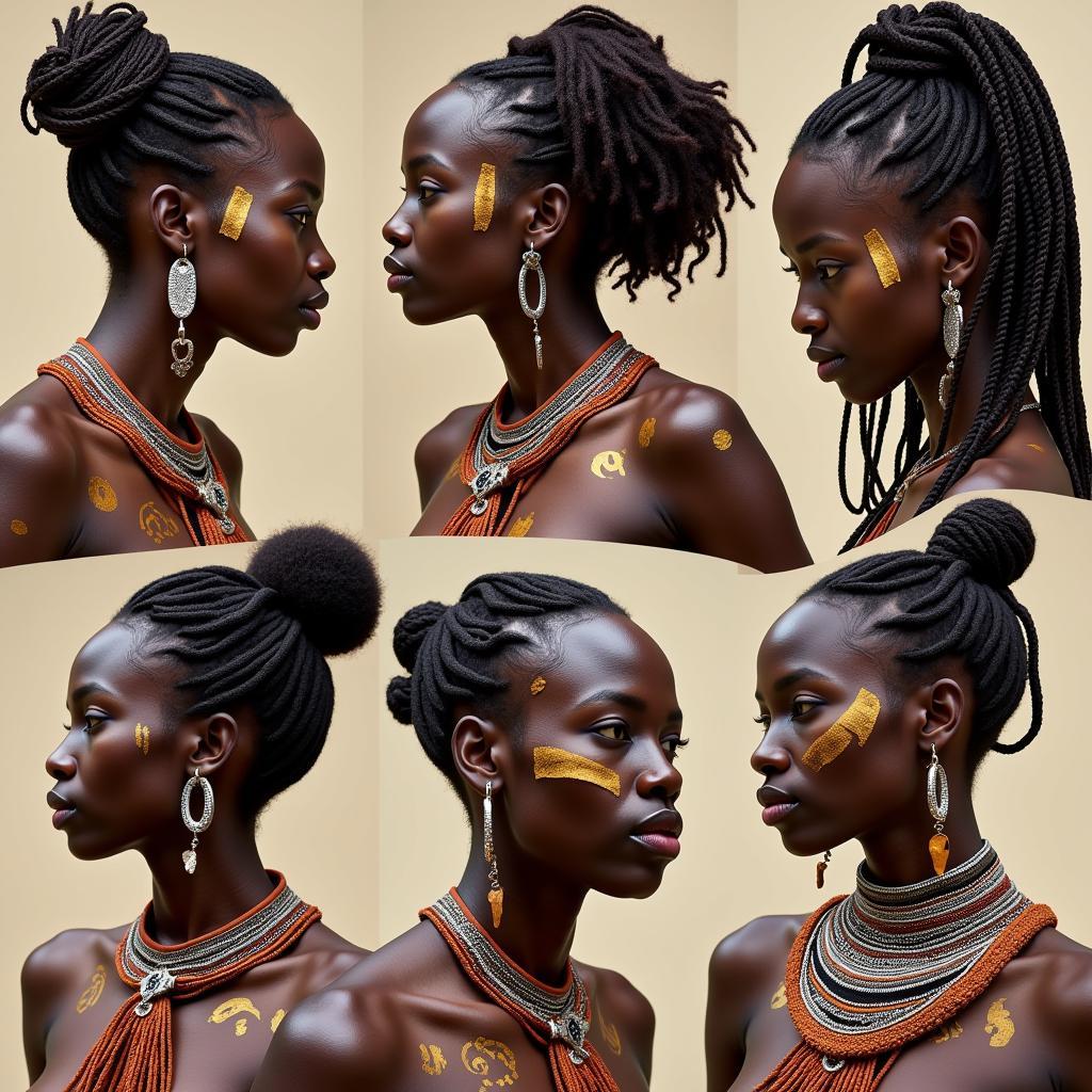 African Girl Traditional Adornments: Examples of scarification, hairstyles, and jewelry