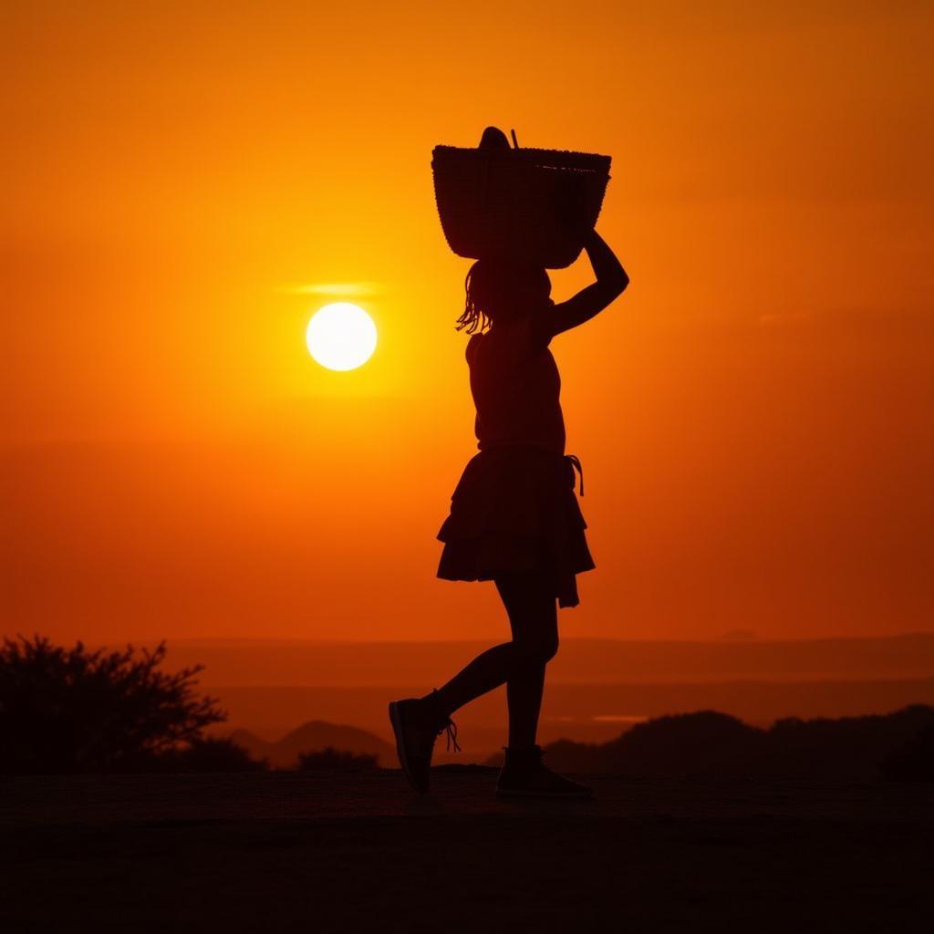 African girl walking towards sunset