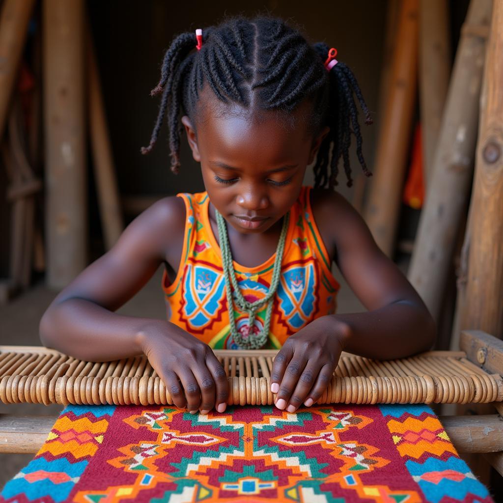 African Girl Weaving Traditional Textile with Symbolic Patterns