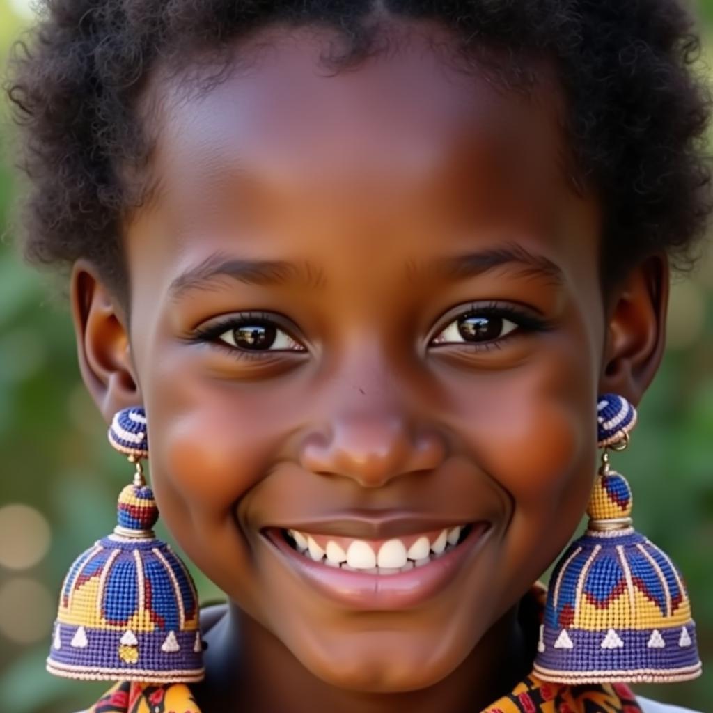 Smiling African girl wearing large, colorful beaded earrings